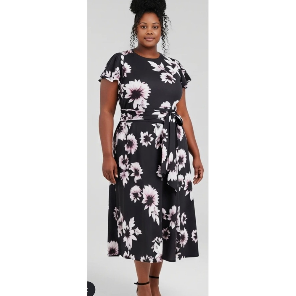 Lane Bryant Floral Midi Dress Black Pink Sunflower Belted Plus Size 28 Flutter